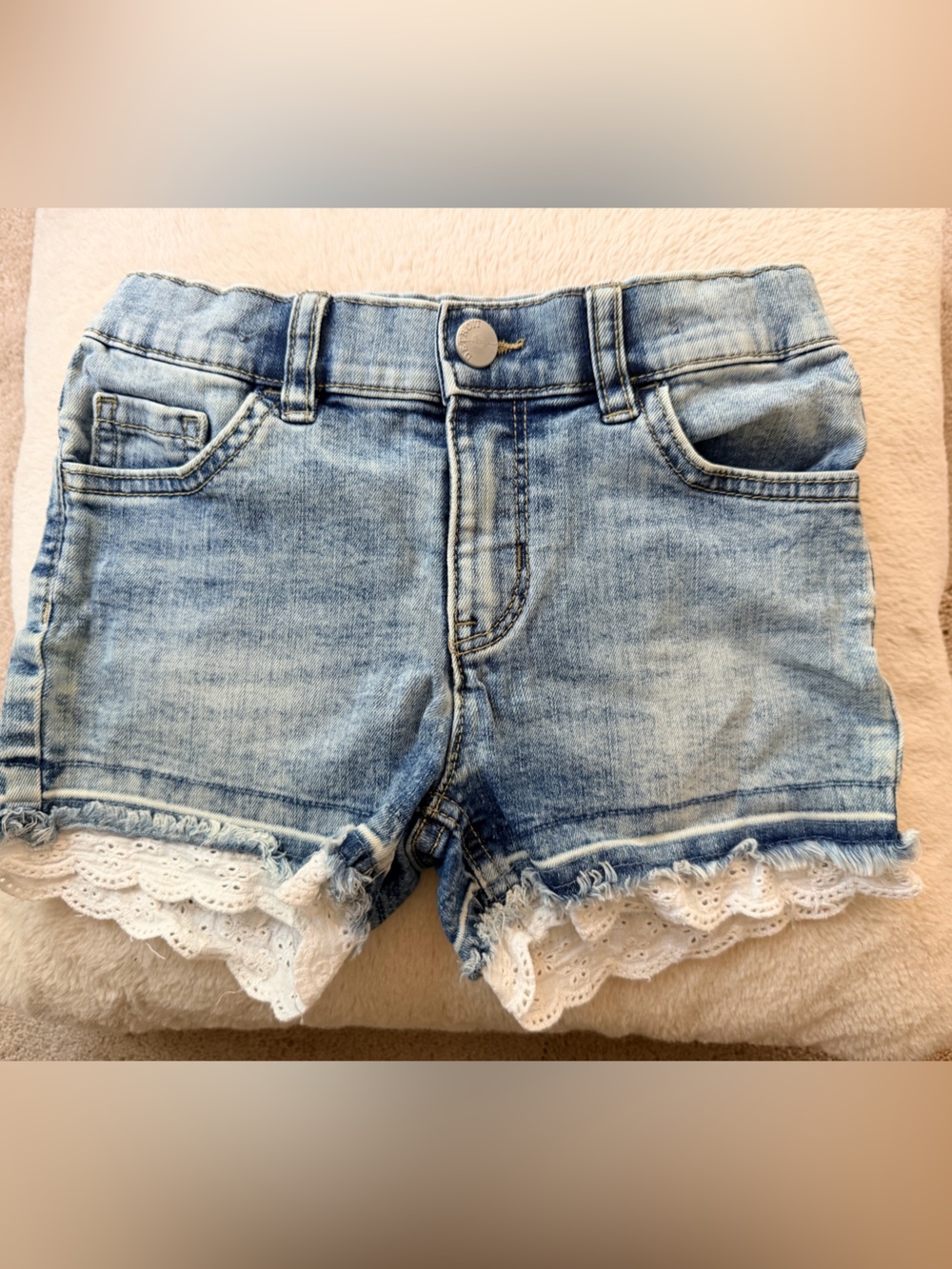 Light Wash Denim Shorts with White Lace Trim